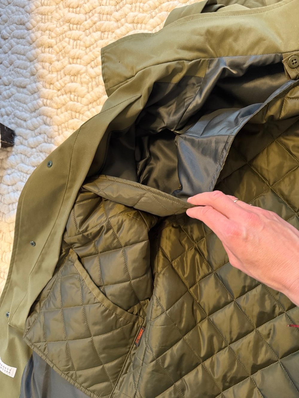 Tag on- Barney’s Olive Green Quilted Hooded Coat - Picture 12 of 16